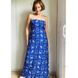 Paper Heart Dress Medium Blue Maxi Linen blend Coastal Beach Strapless Vaca